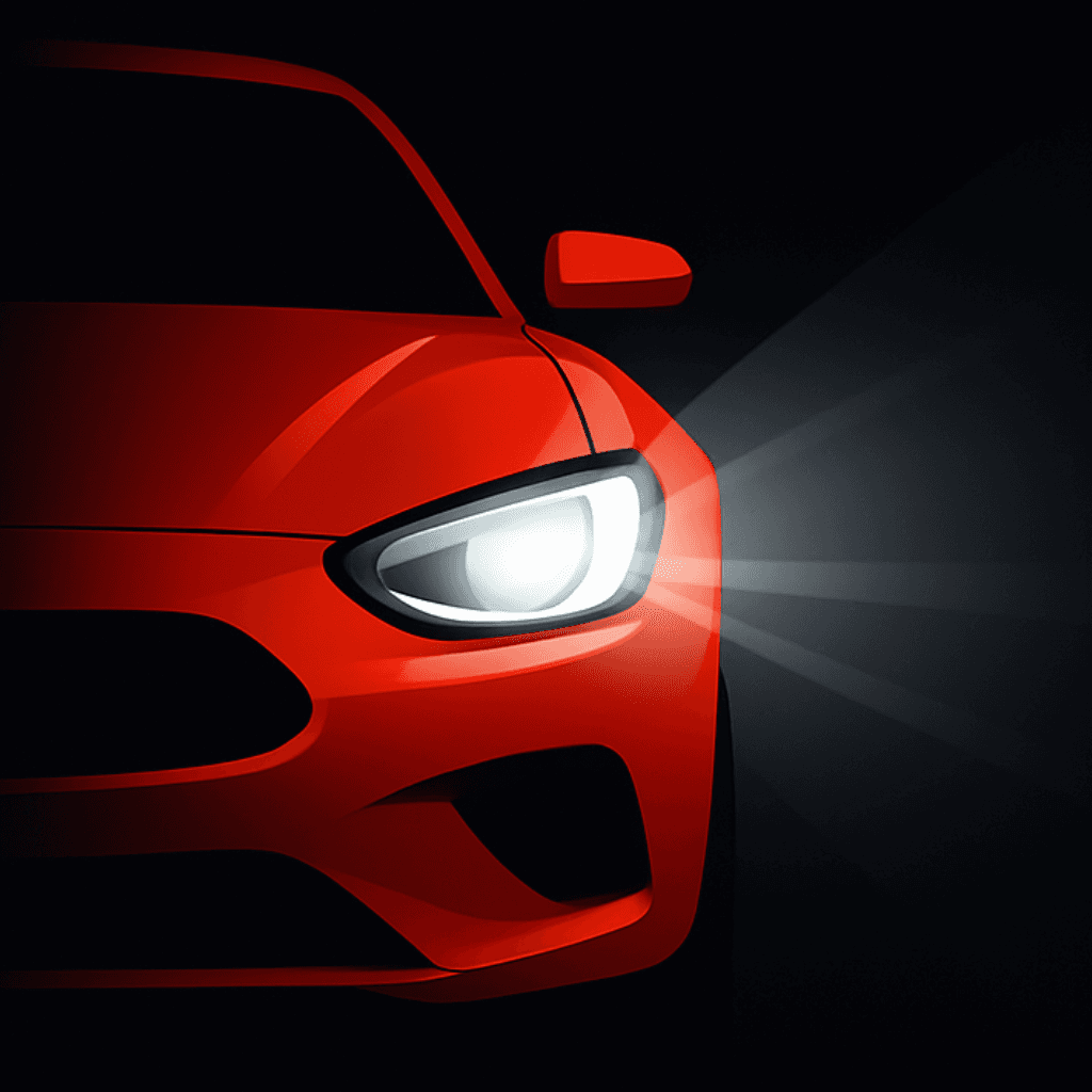 Red sports car with an illuminated headlight